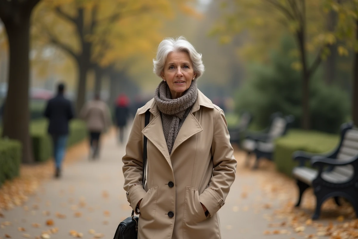Femme en trench marche dans un parc automnal