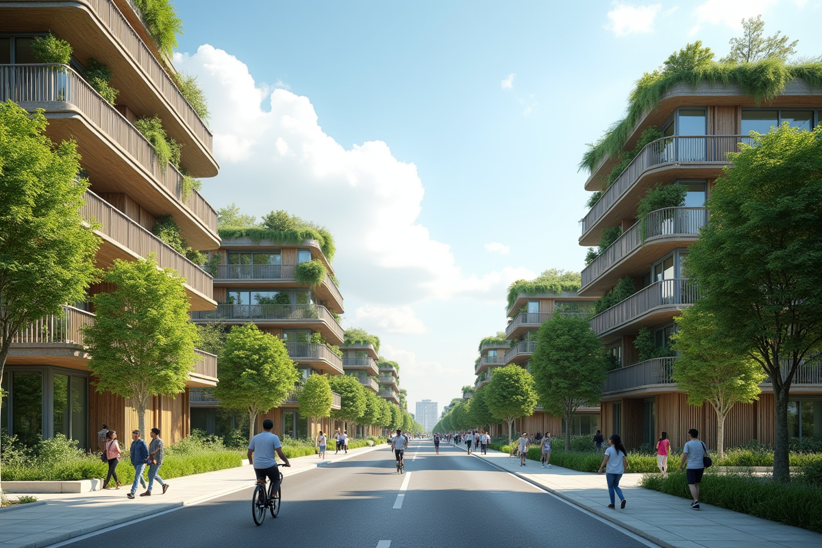Quartier durable avec bâtiments verts et rues propres en 2027