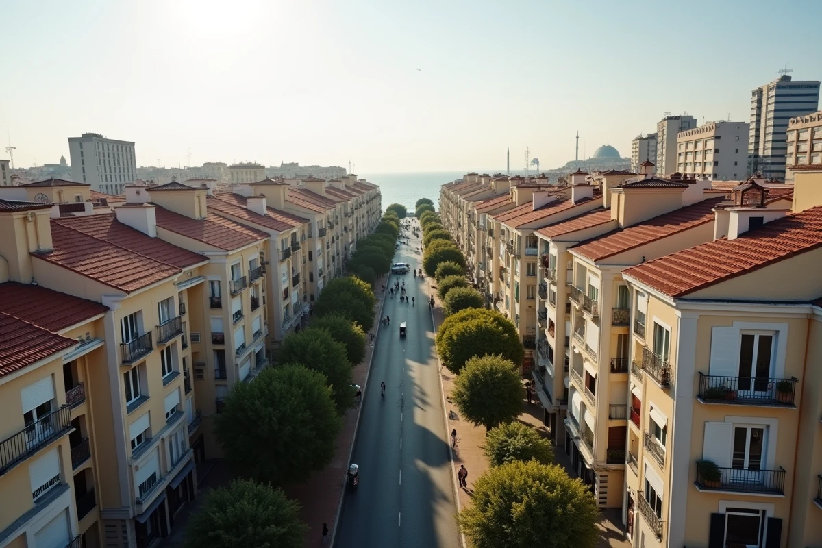 Vue aérienne des quartiers résidentiels de Marseille montrant la densité urbaine et le mélange architectural