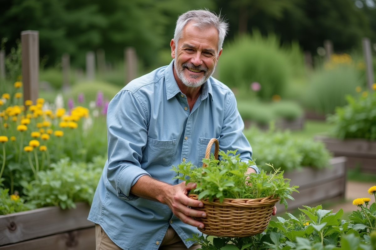 Homme récoltant des feuilles de pissenlit dans un jardin communautaire