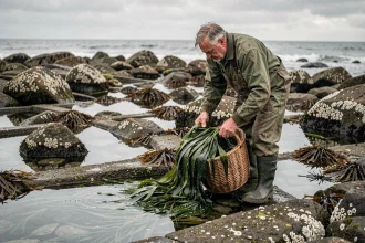 Pêcheur breton récoltant du goémon sur les rochers en bord de mer à marée basse, algues fraîches dans un panier