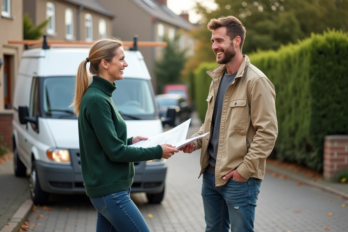 Femme et jeune artisan discutent devant une camionnette de menuiserie