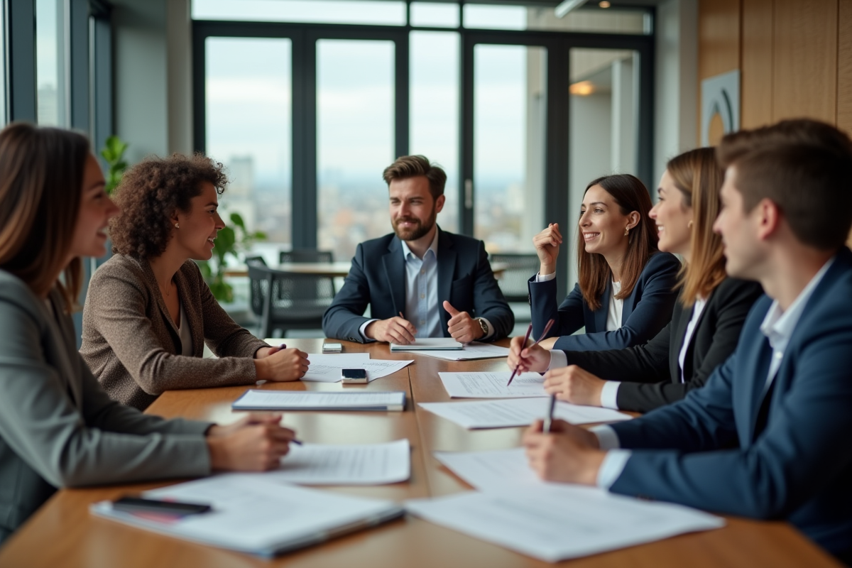 Groupe de professionnels en réunion dans un bureau moderne