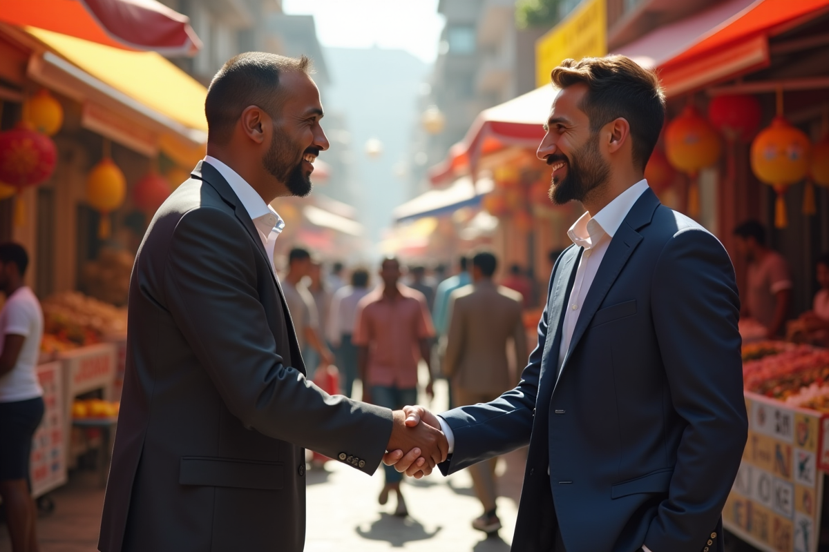 Deux professionnels se saluant dans un marché coloré