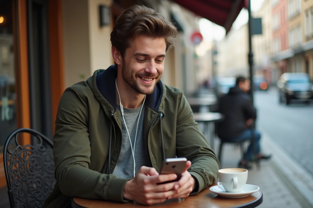 Homme consultant des scans One Piece sur son téléphone dans un café en extérieur