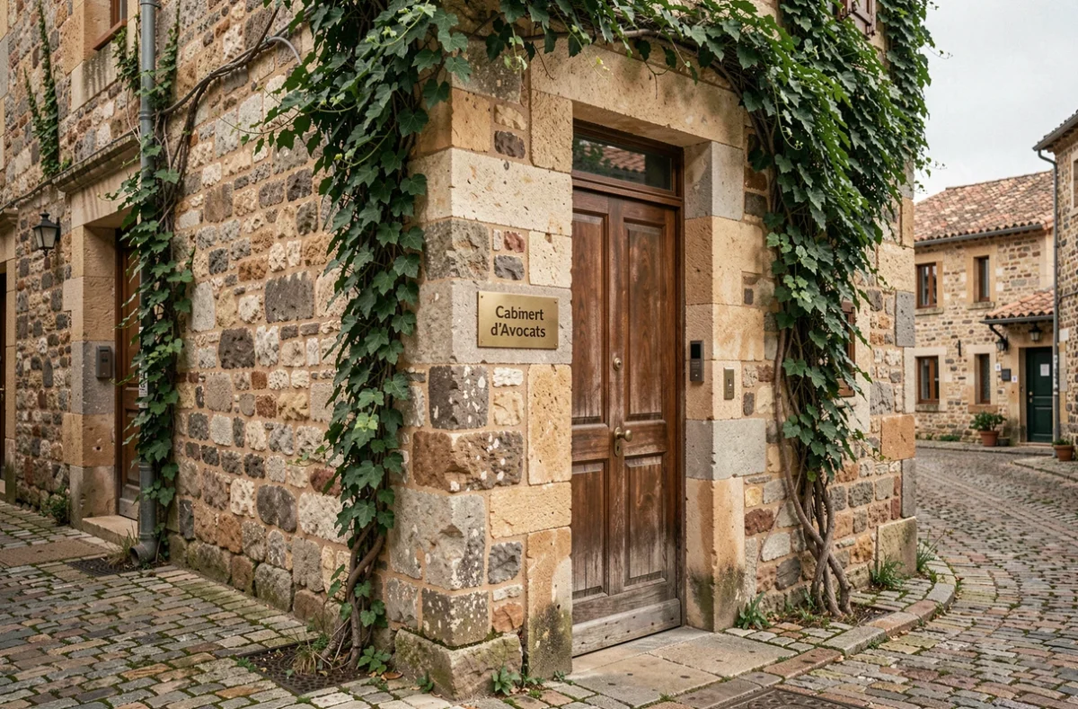 Facade du cabinet d'avocats Selarl Colignon Bertin dans le village de Genestelle en Ardèche avec porte en bois et plaque en laiton