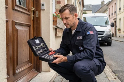 Serrurier professionnel intervenant en urgence devant une porte d'entrée dans une rue résidentielle de Seine-et-Marne
