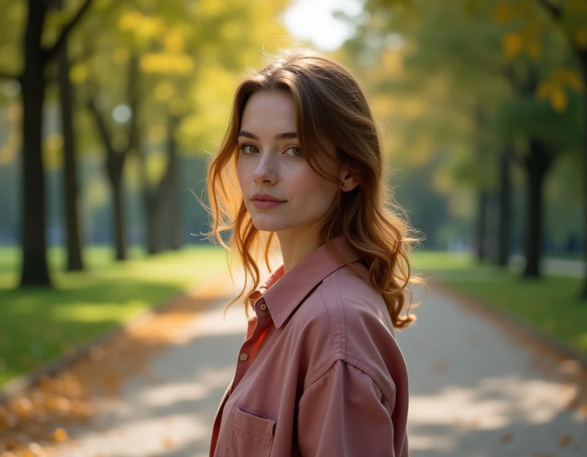 Jeune femme au regard tendre dans un parc en automne, attitude émotionnelle révélatrice d'une relation naissante