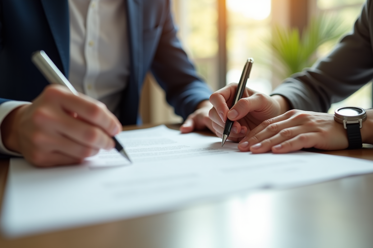 Deux mains signant un contrat dans un intérieur lumineux