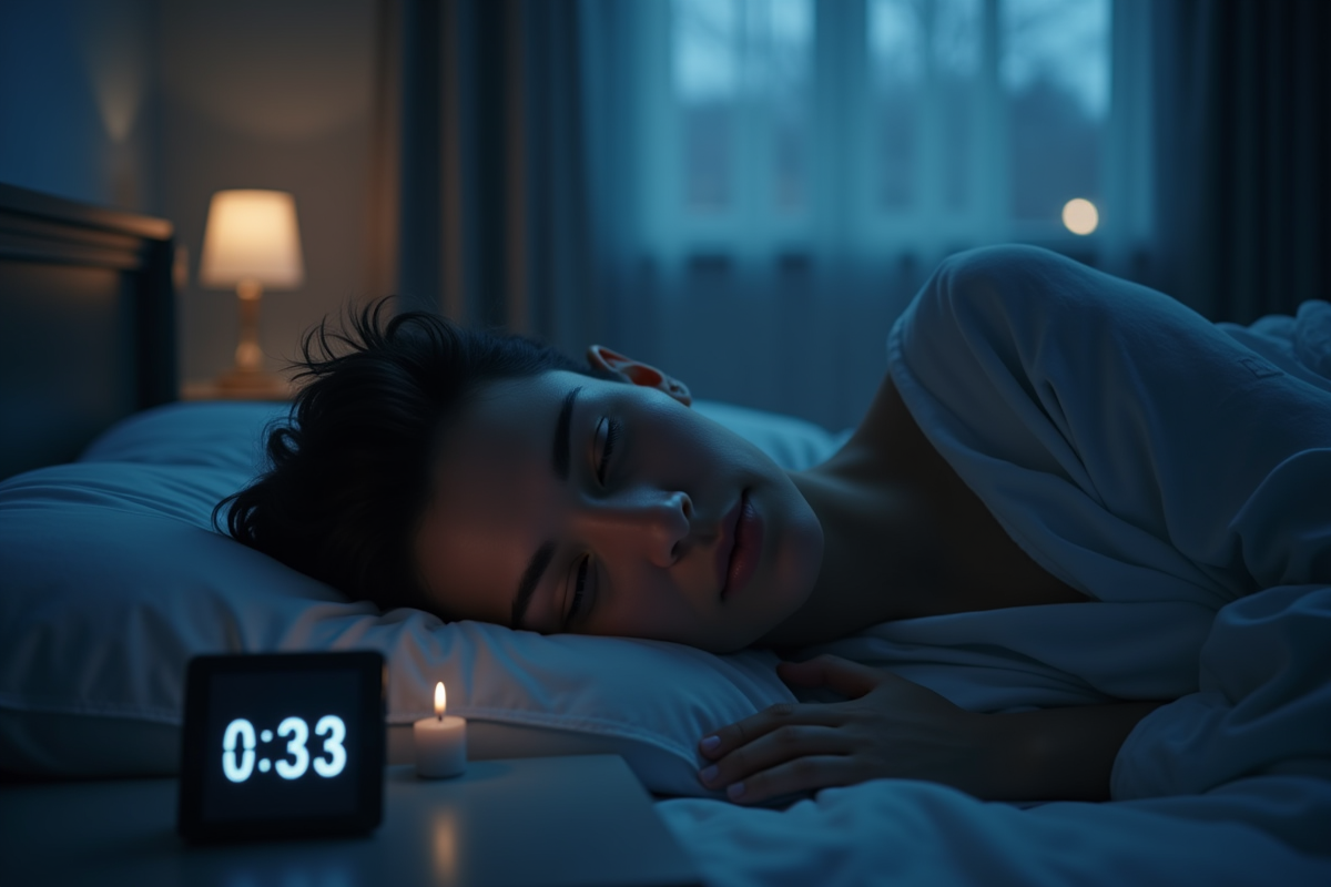 Smartphone affichant 3h33 avec personne éveillée dans la nuit