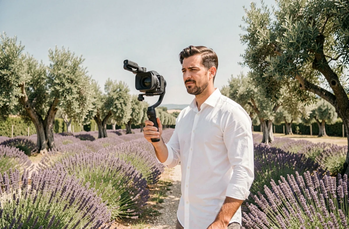 Vidéaste spécialisé mariage filmant une mariée dans un jardin de lavande provençal avec gimbal stabilisé dans les Alpes-Maritimes