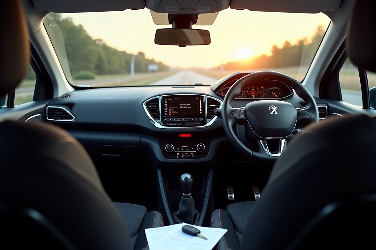 Intérieur de la Peugeot 208 vue du conducteur avec tableau de bord propre