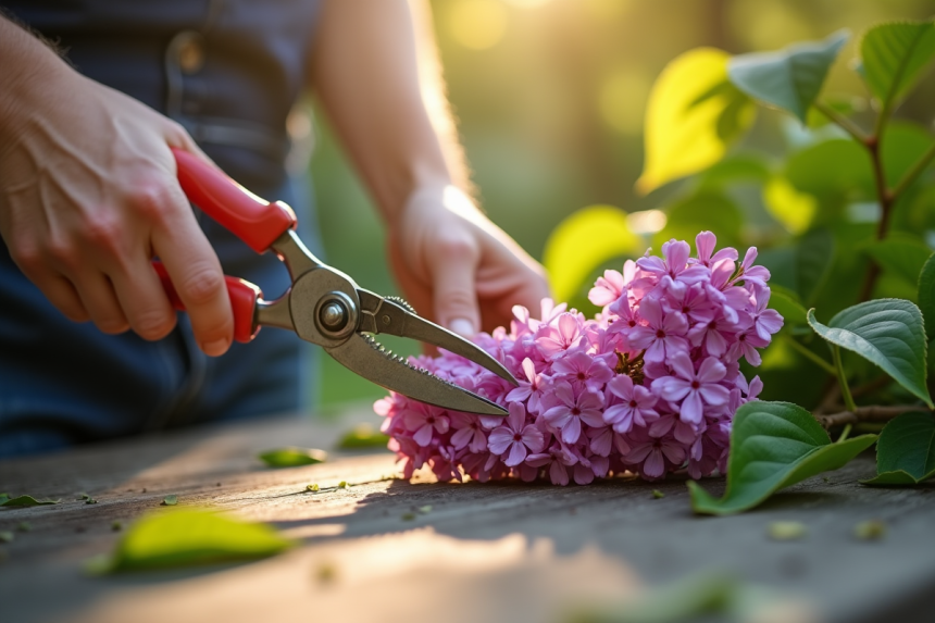 Mains de jardinier taillant un lilas avec ciseaux de jardinage