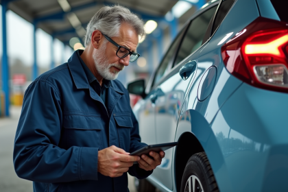 Ingénieur automobile vérifiant les résultats d'émissions