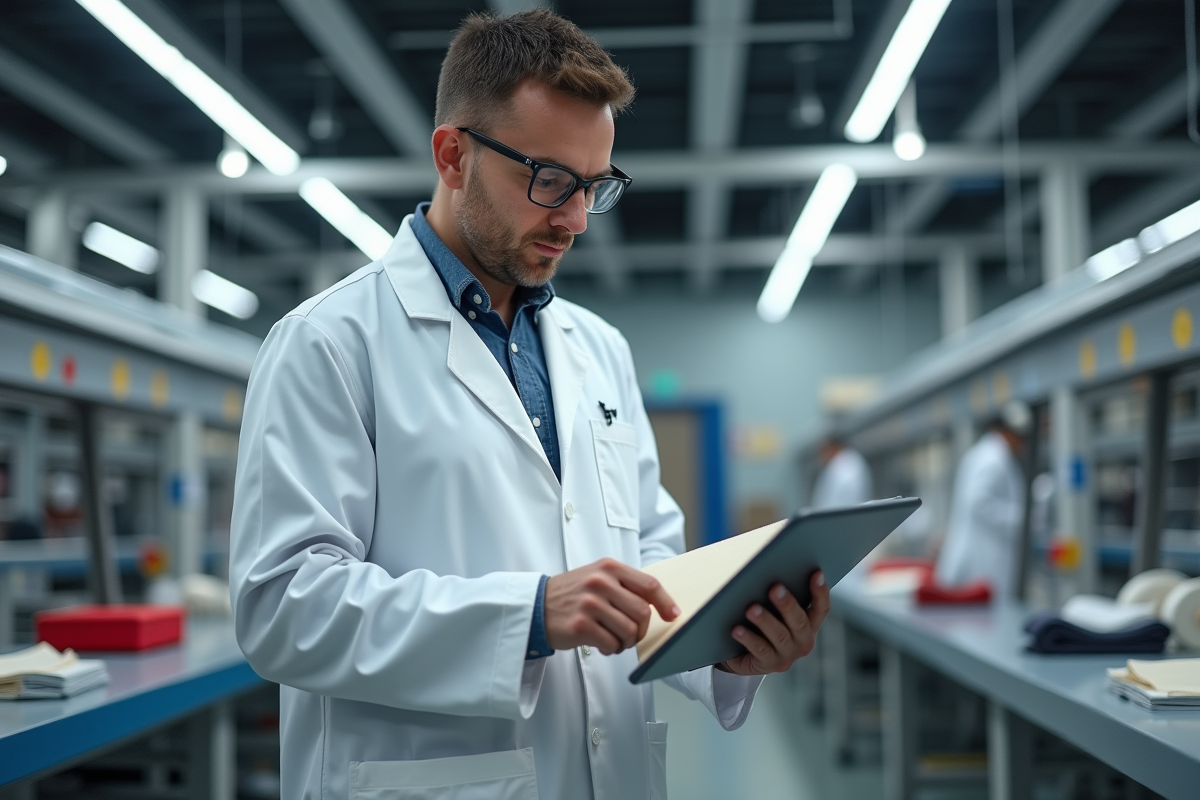 Technologue textile analysant un échantillon de tissu high-tech