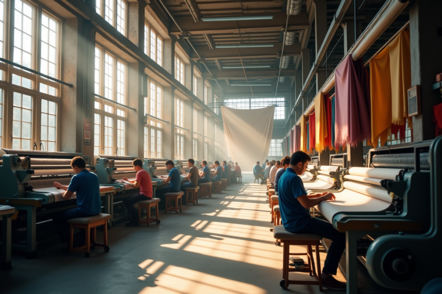 Usine textile animée à Lyon avec ouvriers et tissus colorés