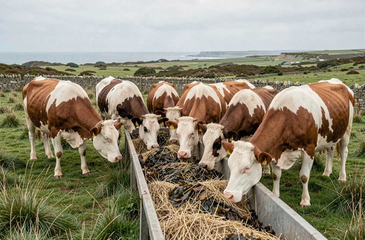 Troupeau de vaches laitières se nourrissant d'un complément alimentaire enrichi en algues goémon dans un pré côtier