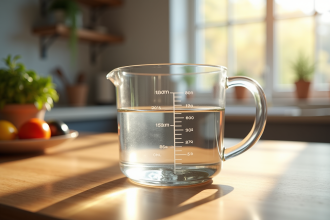 Verre mesureur rempli d'eau sur plan de travail en bois