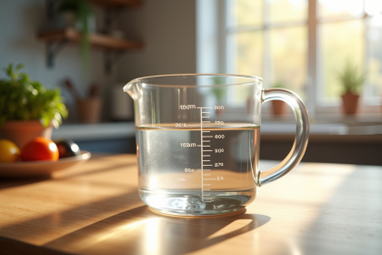 Verre mesureur rempli d'eau sur plan de travail en bois