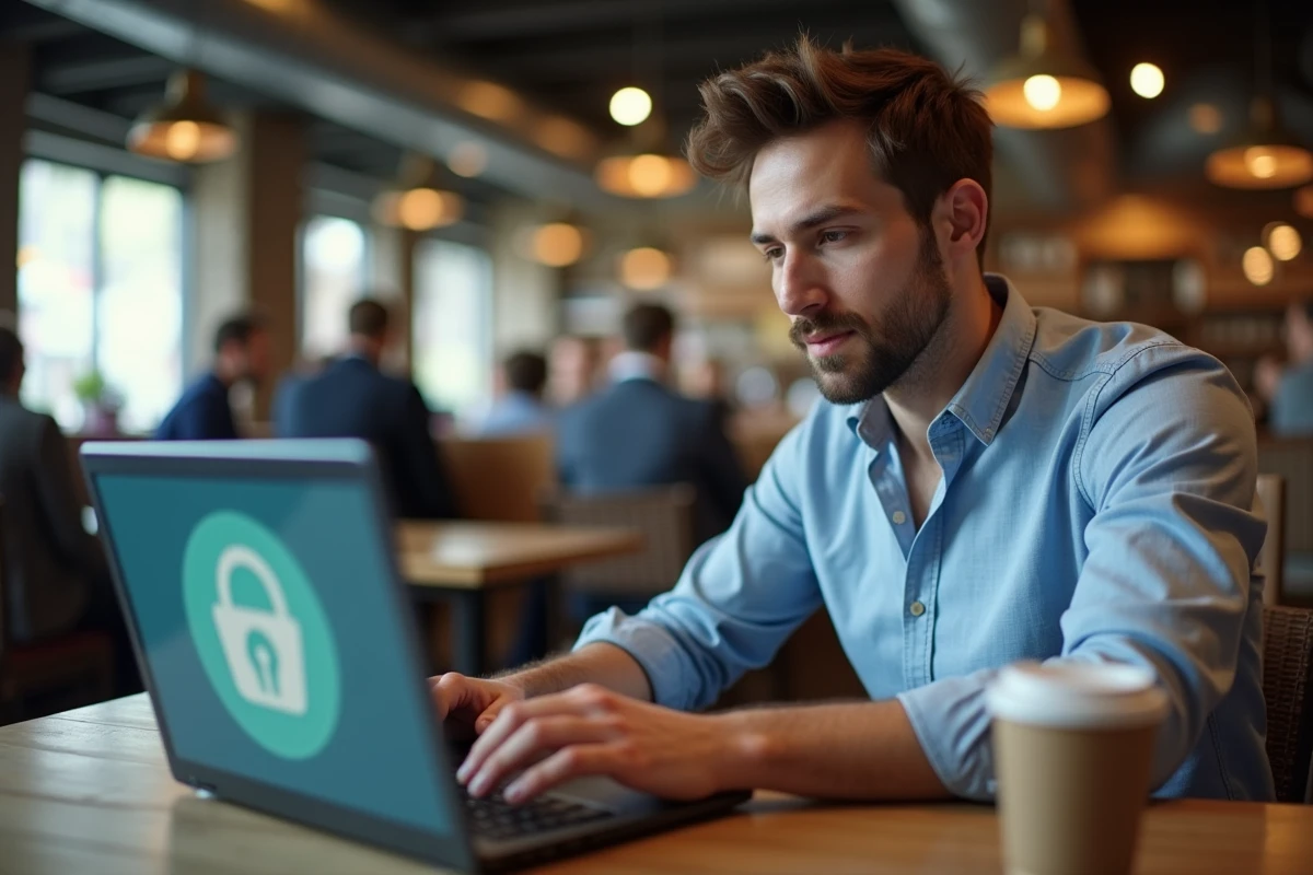 Homme utilisant un VPN sur son ordinateur portable dans un café public pour naviguer sans laisser de traces sur internet